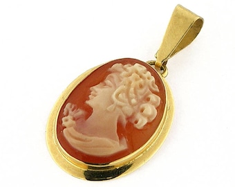 Gold Carnelian Cameo Pendant: Hand-Engraved Italian Shell Jewelry