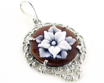 Flower Cameo Pendant: Sterling Silver Filigree, Sardonyx Shell