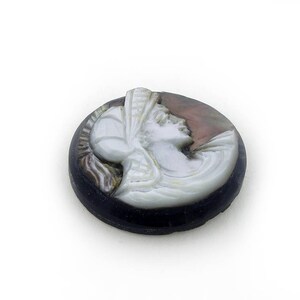May include: A white cameo with a carved profile of a woman's face, set in a black and brown shell background.