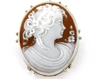 Flora Cameo Brooch Pendant: Hand Carved Sardonyx Shell, Sterling Silver