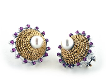 Rubiens pearls gold earrings italian precious jewelry donadio boucles oreilles rubis ルビーピアス  рубиновые серьги pendientes rubíes