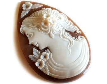 Handcarved Sardonyx Shell Cameo: Flora Goddess, Italian Jewelry (50mm)