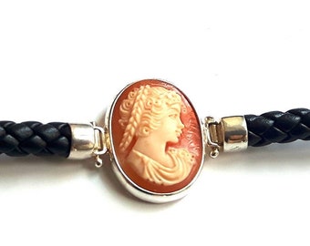 Ceres Cameo Bracelet: Hand Carved Carnelian Shell, Sterling Silver & Leather