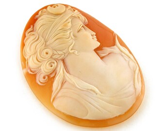 Cornelian Shell Cameo: Diana Goddess, Hand Carved Italian Jewelry (45-50mm)