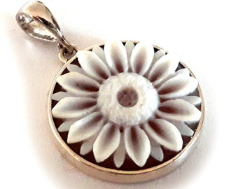 Flower Shell Cameo Pendant: Hand Carved Sardonyx, Sterling Silver