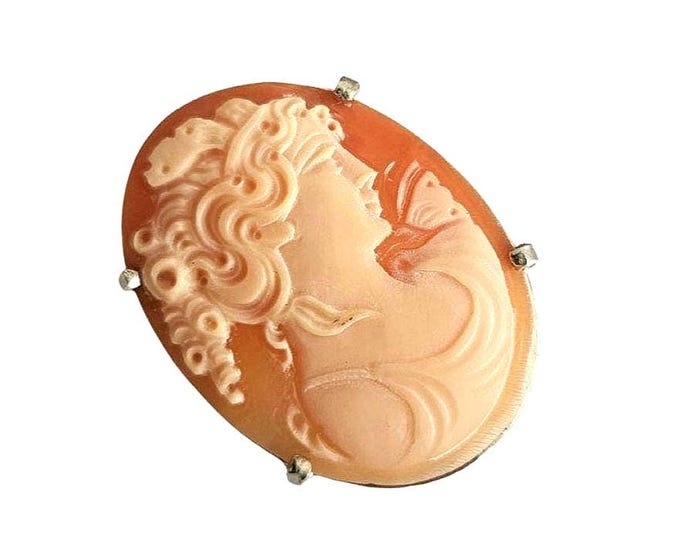 Carnelian Shell Cameo Brooch Pendant: Sterling Silver Venere Goddess.