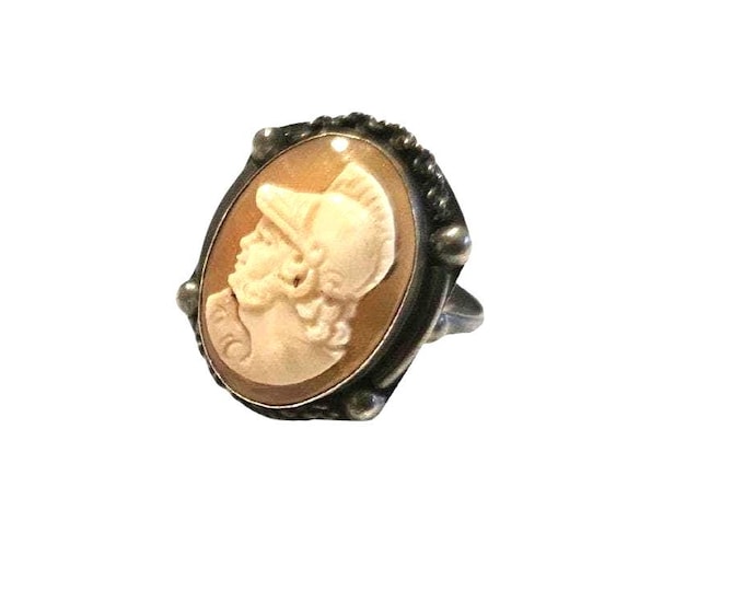 Vintage Warrior Cameo Ring: Hand Carved Shell, Sterling Silver