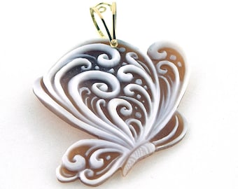 Butterfly Cameo Pendant: Hand-Engraved Sardonyx Shell, 9kt Gold