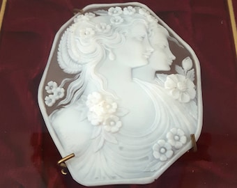 Shell cameo panel double goddess profile cameos picture wood showcase cabinet italian cameo jewelry donadio cameos shell camée камея カメオ