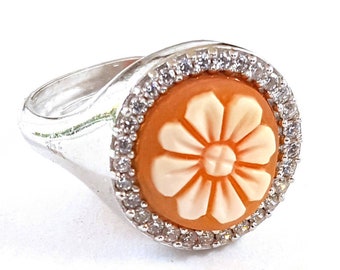 Carnelian Flower Cameo Ring: Sterling Silver Italian Jewelry