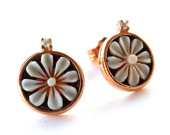 Daisy Shell Cameo Earrings: Gold Plated Sterling Silver, Zircon Accent