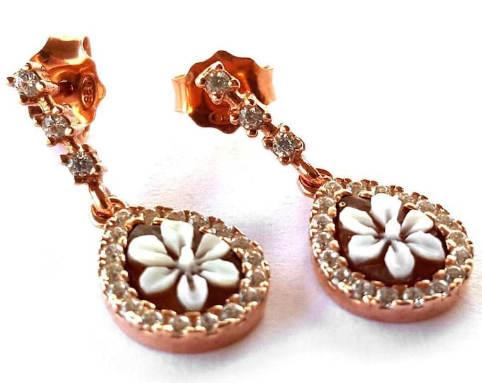 Shell cameo earrings flowers zircons italian cameos jewelry donadio cameo shell oreilles camée pendientes camafeo カメオイヤリング Камея серьги