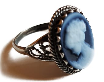 Blue Agate Cameo Ring: Sterling Silver Lady Profile, Donadio Jewelry