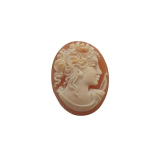 May include: A cameo featuring a carved profile of a woman with a crown, set in a peach-coloured shell.