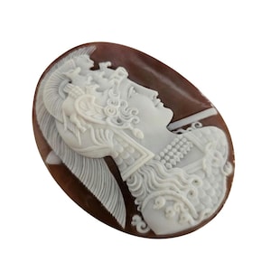 May include: Oval cameo brooch with a white relief carving of a classical figure in profile, set against a brown background. The figure wears a helmet and armour, with intricate details. A classic piece of jewellery.
