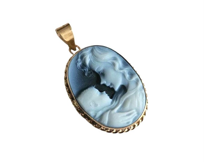 Blue Agate Cameo Pendant: 9kt Gold Mother Child Jewelry