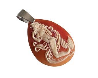 Hand Carved Mermaid Cornelian Shell Cameo Pendant - Sterling Silver hook.