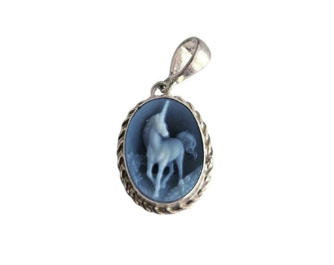 Blue Agate Unicorn Cameo Pendant, Sterling Silver Boho Jewelry