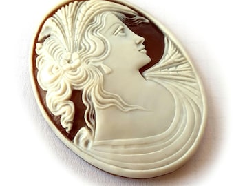 Hand Carved Sardonyx Shell Cameo: Ceres Goddess Profile (45x35)