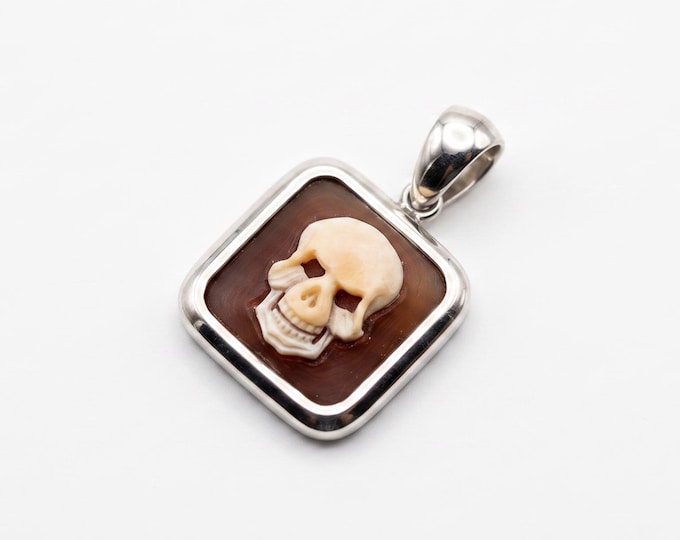 Skull Cameo Pendant: Hand Carved Cornelian Shell, Sterling Silver