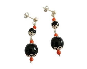 Coral Earrings: Black Stone & Sterling Silver Donadio Jewelry