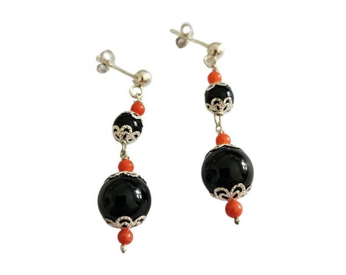 Coral Earrings: Black Stone & Sterling Silver Donadio Jewelry
