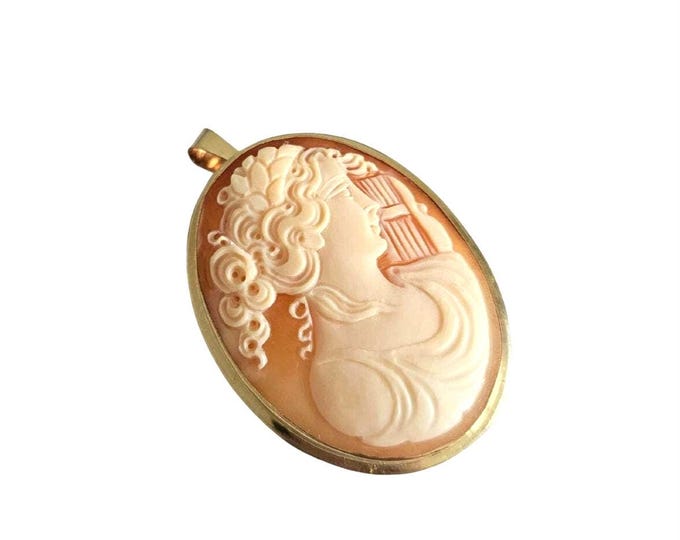 Gold Sappho Cameo Brooch Pendant: Hand Carved Italian Shell Jewelry