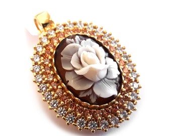 Flower Shell Cameo Pendant: Rose Zircons, Gold Plated Sterling Silver