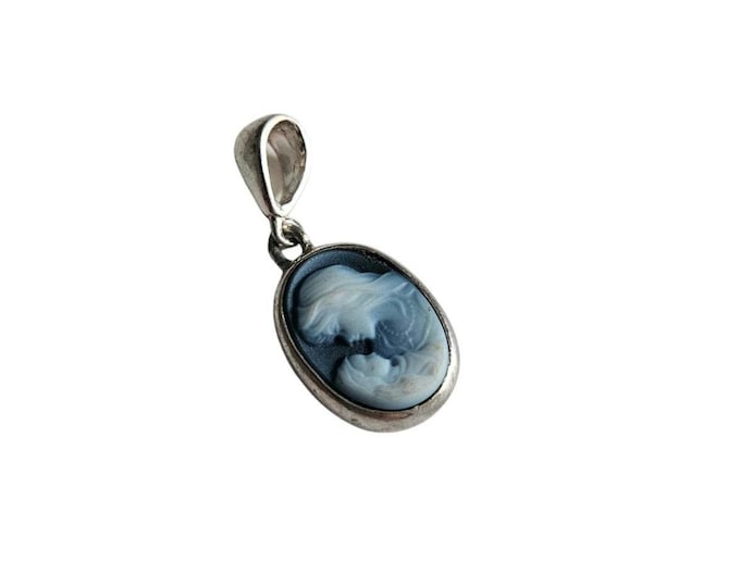 Blue Agate Cameo Pendant set in 925 Sterling Silver Madonna with child Italian Jewelry