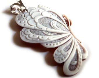 Butterfly Cameo Pendant: Hand Carved Sardonyx Shell, Sterling Silver