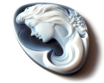 Blue Agate Stone Cameo: Woman with Long Hair, Italian Jewelry