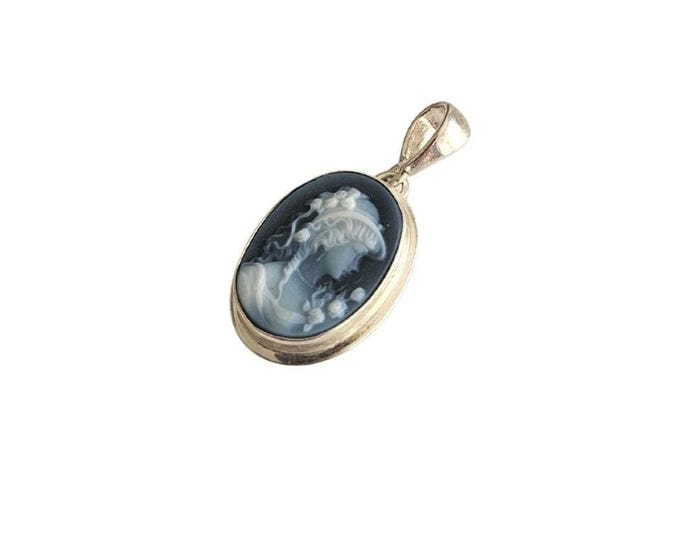 Blue Agate Cameo Pendant: Sterling Silver Woman Profile