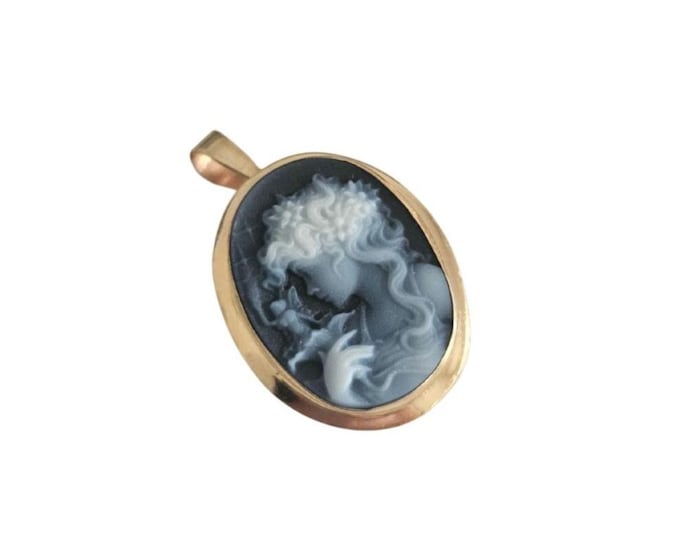 Gold Blue Agate Cameo Brooch Pendant: Italian Donadio Jewelry lady with fairy