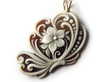 Gold Butterfly Flower Cameo Pendant: Italian Sardonyx Shell Jewelry
