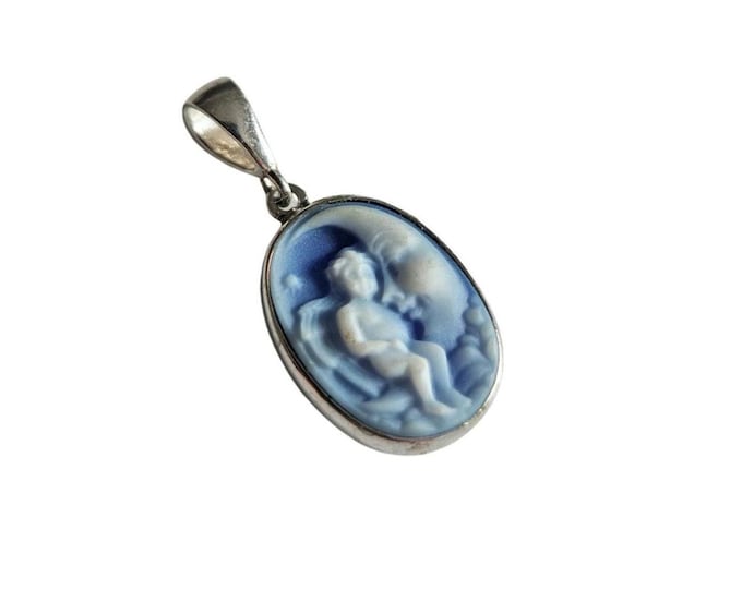 Angel on Moon Cameo Pendant: Light Blue Agate, Sterling Silver