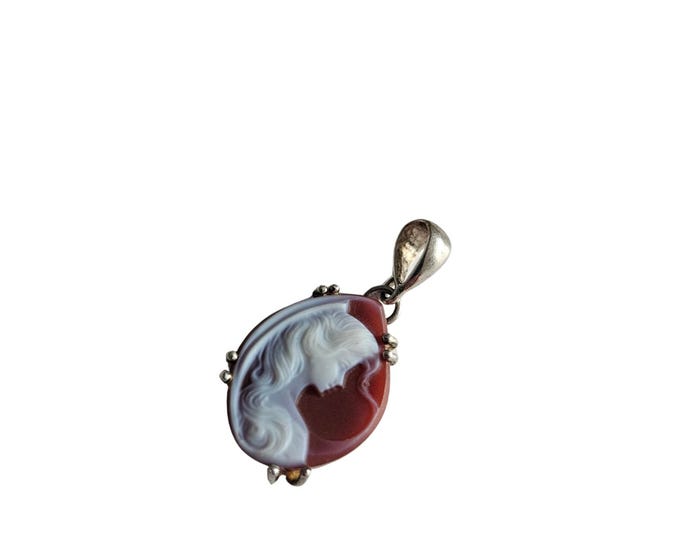 Red Agate Cameo Pendant, Lady Profile, 925 Sterling Silver Italian Jewelry
