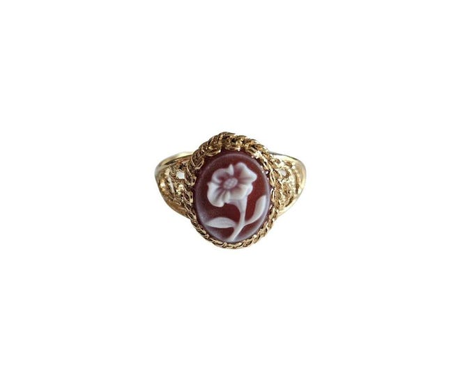 Red Agate Cameo Ring: Gold Plated Sterling Silver Flower Jewelry