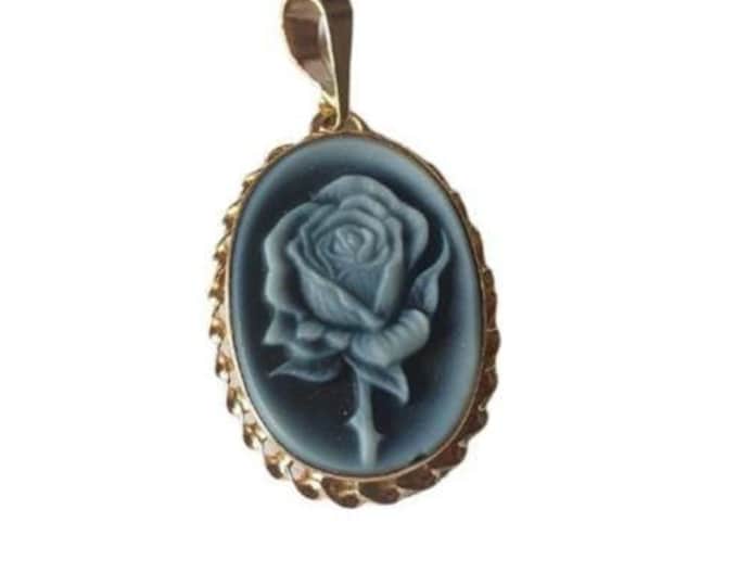 Blue Agate Cameo Pendant: Rose Flower, 9kt Gold Donadio Jewelry