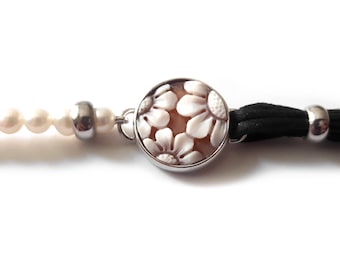 Shell cameo bracelet half Flowers italian cameo jewelry donadio cameo shell cotton pearls bracelets camée Камео браслет カメオブレスレット gift