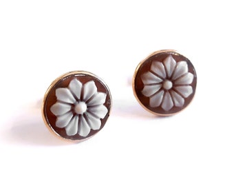 Gold Flower Cameo Earrings: Hand Carved Sardonyx Shell, Italian Jewelry