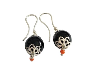 Red Coral & Black Stone Earrings: Sterling Silver Donadio Jewelry