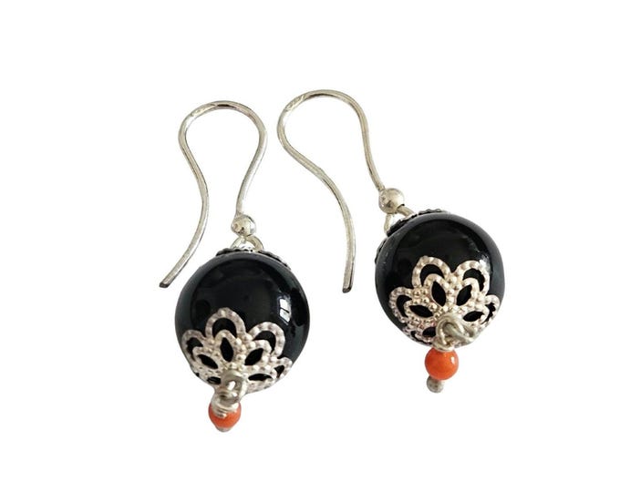 Red Coral & Black Stone Earrings: Sterling Silver Donadio Jewelry
