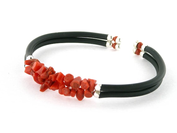 Red Coral Bracelet Rubber Double Wire Italian Coral Jewelry