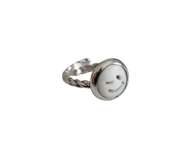 Smile Face Shell Cameo Ring: Hand Carved Sardonyx, 925 Sterling Silver