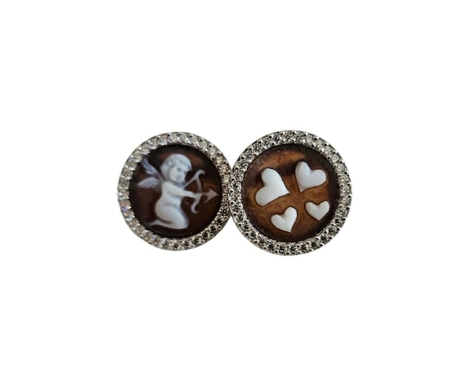 Cupid Cameo Earrings: Sardonyx, Sterling Silver, Zircon - Italian Made