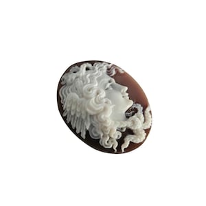 May include: Oval cameo depicting a classical figure with flowing hair and wings, carved in white against a brown backdrop. The figure's profile is visible, highlighting intricate details.
