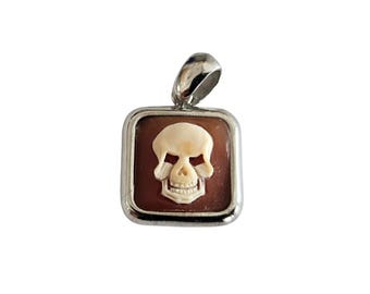 Skull Cameo Pendant: Hand Carved Cornelian Shell, Sterling Silver