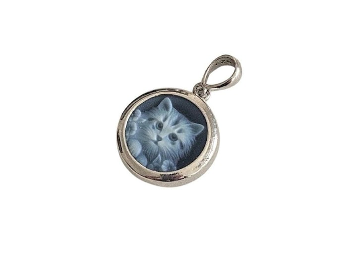 Blue Agate Cat Cameo Pendant: Sterling Silver Italian Jewelry
