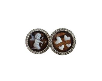 Cupid Cameo Earrings: Sardonyx, Sterling Silver, Zircon - Italian Made