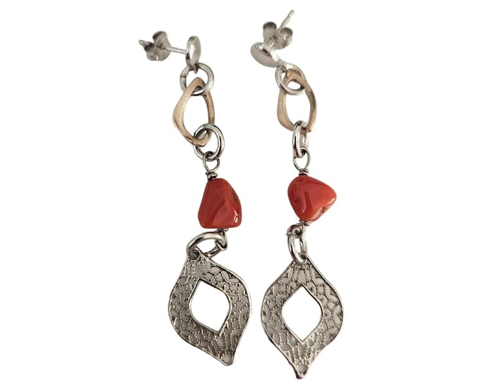 Red Coral Sterling Silver Dangle Earrings - Italian Jewelry
